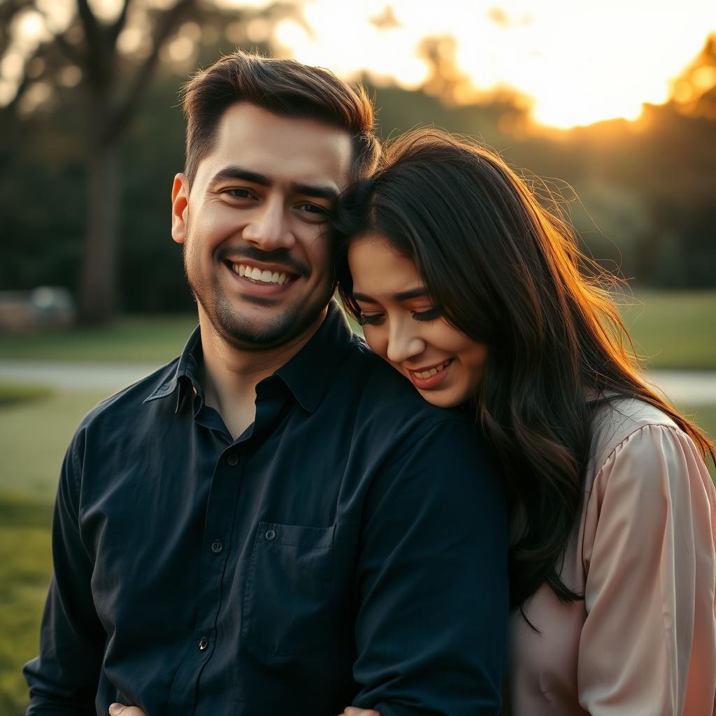 An evocative scene featuring a man smiling gently while a woman beside him is crying