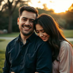 An evocative scene featuring a man smiling gently while a woman beside him is crying