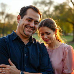 An evocative scene featuring a man smiling gently while a woman beside him is crying