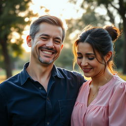 An evocative scene featuring a man smiling gently while a woman beside him is crying