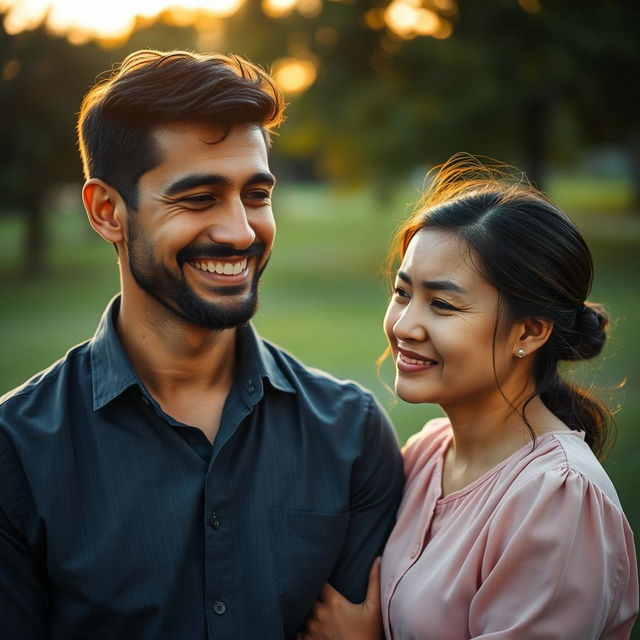 An evocative scene featuring a man smiling gently while a woman beside him is crying