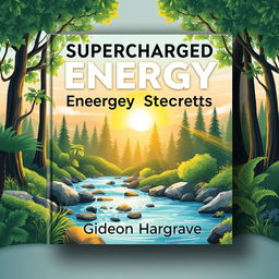 A flat book cover design featuring a serene nature scene with a vibrant sunrise illuminating a peaceful forest