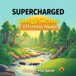 A flat book cover design featuring a serene nature scene with a vibrant sunrise illuminating a peaceful forest
