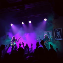 A digital artwork inspired by the iconic band Alice in Chains, featuring an atmospheric and moody underground concert scene