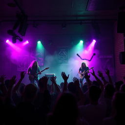A digital artwork inspired by the iconic band Alice in Chains, featuring an atmospheric and moody underground concert scene