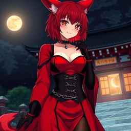 A sensual gothic anime girl Kitsune with shoulder-length red hair, dressed in a striking red and black Japanese-style dress adorned with chains