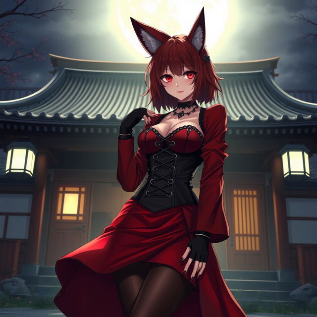 A sensual gothic anime girl Kitsune with shoulder-length red hair, dressed in a striking red and black Japanese-style dress adorned with chains