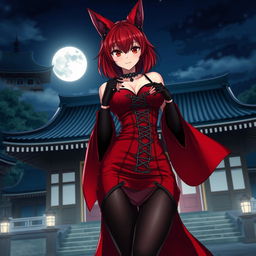 A sensual gothic anime girl Kitsune with shoulder-length red hair, dressed in a striking red and black Japanese-style dress adorned with chains