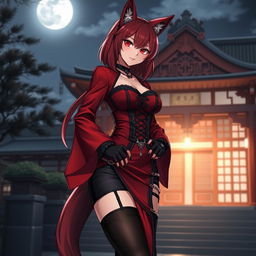 A sensual gothic anime girl Kitsune with shoulder-length red hair, dressed in a striking red and black Japanese-style dress adorned with chains