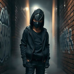A mysterious boy wearing a sleek, dark mask, standing in an alleyway under dim streetlights
