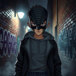 A mysterious boy wearing a sleek, dark mask, standing in an alleyway under dim streetlights