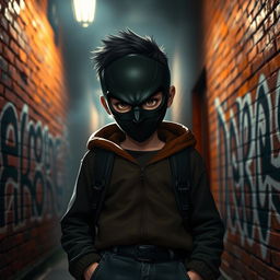A mysterious boy wearing a sleek, dark mask, standing in an alleyway under dim streetlights