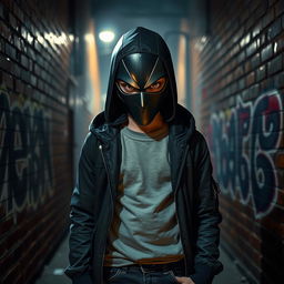 A mysterious boy wearing a sleek, dark mask, standing in an alleyway under dim streetlights