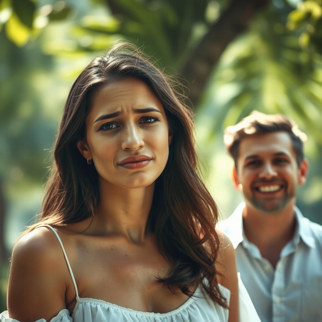 An emotional scene depicting a woman with tears streaming down her face, her expression one of deep sorrow, while a man stands nearby smiling joyfully, representing contrasting emotions