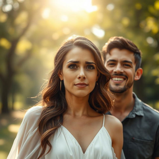 An emotional scene depicting a woman with tears streaming down her face, her expression one of deep sorrow, while a man stands nearby smiling joyfully, representing contrasting emotions