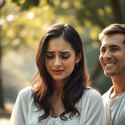 An emotional scene depicting a woman with tears streaming down her face, her expression one of deep sorrow, while a man stands nearby smiling joyfully, representing contrasting emotions