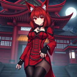 A seductive gothic anime girl Kitsune with shoulder-length red hair, wearing a striking red and black Japanese-style dress adorned with numerous chains