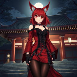 A seductive gothic anime girl Kitsune with shoulder-length red hair, wearing a striking red and black Japanese-style dress adorned with numerous chains