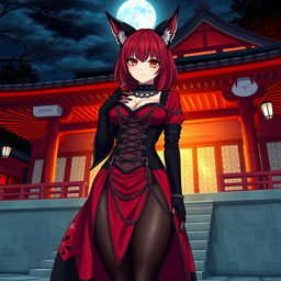 A seductive gothic anime girl Kitsune with shoulder-length red hair, wearing a striking red and black Japanese-style dress adorned with numerous chains