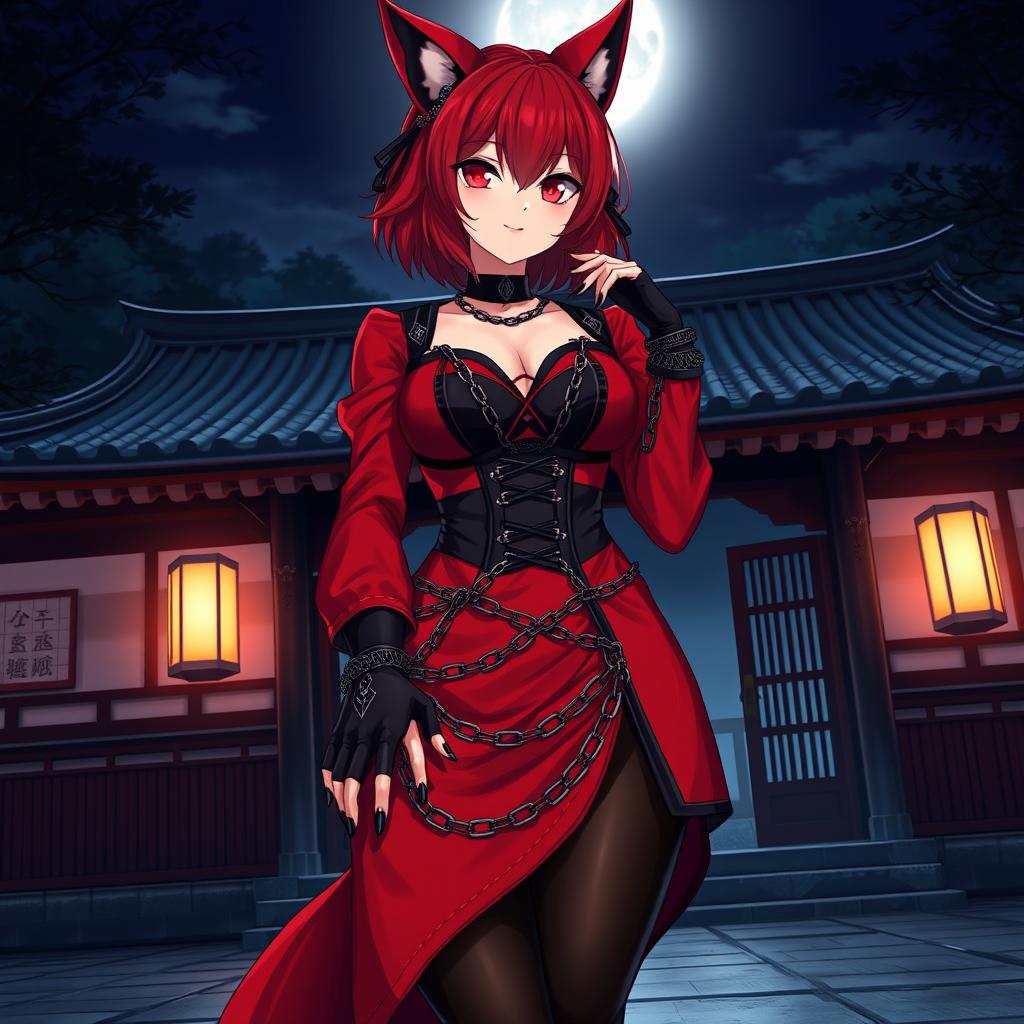 A seductive gothic anime girl Kitsune with shoulder-length red hair, wearing a striking red and black Japanese-style dress adorned with numerous chains