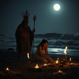A dark ritual by the seaside under a moonlit sky, featuring a powerful shaman draped in traditional Javanese robes, standing solemnly with ritualistic tools in hand