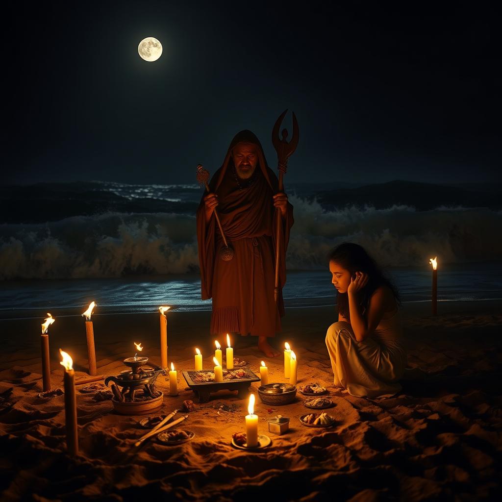 A dark ritual by the seaside under a moonlit sky, featuring a powerful shaman draped in traditional Javanese robes, standing solemnly with ritualistic tools in hand