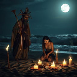 A dark ritual by the seaside under a moonlit sky, featuring a powerful shaman draped in traditional Javanese robes, standing solemnly with ritualistic tools in hand