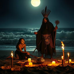 A dark ritual by the seaside under a moonlit sky, featuring a powerful shaman draped in traditional Javanese robes, standing solemnly with ritualistic tools in hand