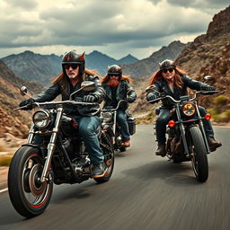 A dynamic rock scene featuring band members reminiscent of Alice in Chains riding powerful motorcycles through a rugged, mountainous landscape
