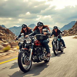 A dynamic rock scene featuring band members reminiscent of Alice in Chains riding powerful motorcycles through a rugged, mountainous landscape