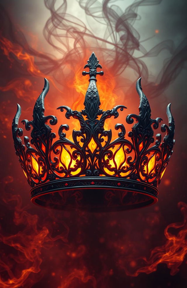 A majestic crown intricately designed with swirling patterns of ash and flame, featuring glowing embers embedded within its structure