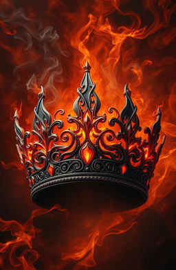 A majestic crown intricately designed with swirling patterns of ash and flame, featuring glowing embers embedded within its structure