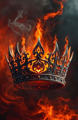 A majestic crown intricately designed with swirling patterns of ash and flame, featuring glowing embers embedded within its structure