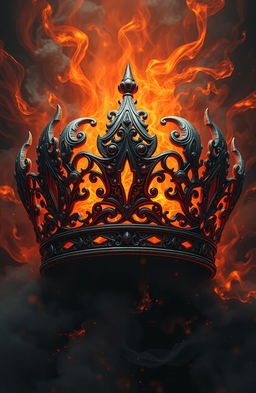 A majestic crown intricately designed with swirling patterns of ash and flame, featuring glowing embers embedded within its structure
