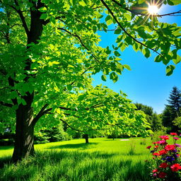 A lush green tree, vibrant foliage, sunlit leaves glistening with dew, a clear blue sky in the background, gentle sunlight filtering through the branches, creating dappled shadows on the grassy ground below, lush grass around the base of the tree, bright and colorful flowers blooming nearby, portraying a peaceful and serene natural environment