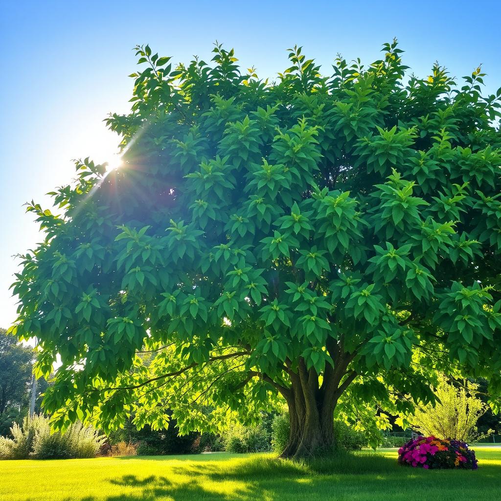 A lush green tree, vibrant foliage, sunlit leaves glistening with dew, a clear blue sky in the background, gentle sunlight filtering through the branches, creating dappled shadows on the grassy ground below, lush grass around the base of the tree, bright and colorful flowers blooming nearby, portraying a peaceful and serene natural environment