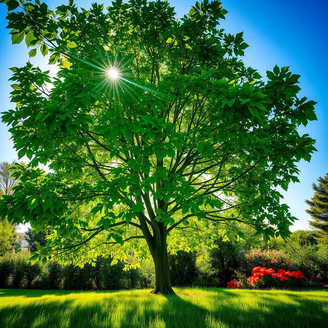 A lush green tree, vibrant foliage, sunlit leaves glistening with dew, a clear blue sky in the background, gentle sunlight filtering through the branches, creating dappled shadows on the grassy ground below, lush grass around the base of the tree, bright and colorful flowers blooming nearby, portraying a peaceful and serene natural environment