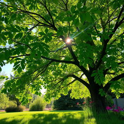 A lush green tree, vibrant foliage, sunlit leaves glistening with dew, a clear blue sky in the background, gentle sunlight filtering through the branches, creating dappled shadows on the grassy ground below, lush grass around the base of the tree, bright and colorful flowers blooming nearby, portraying a peaceful and serene natural environment