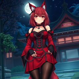 A captivating gothic anime girl Kitsune with shoulder-length red hair, wearing an alluring red and black Japanese-style dress adorned with numerous chains