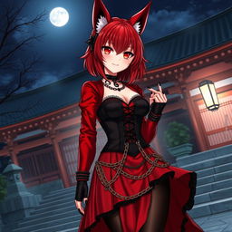 A captivating gothic anime girl Kitsune with shoulder-length red hair, wearing an alluring red and black Japanese-style dress adorned with numerous chains