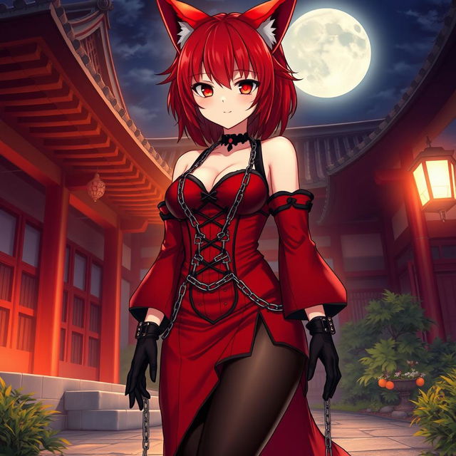 A captivating gothic anime girl Kitsune with shoulder-length red hair, wearing an alluring red and black Japanese-style dress adorned with numerous chains