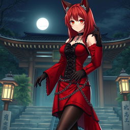 A captivating gothic anime girl Kitsune with shoulder-length red hair, wearing an alluring red and black Japanese-style dress adorned with numerous chains