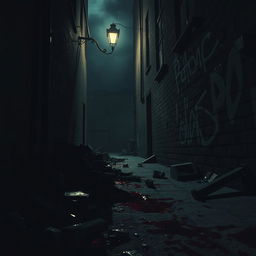 A hauntingly detailed scene depicting a dark, abandoned alleyway, strewn with ominous shadows and eerie lighting