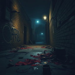 A hauntingly detailed scene depicting a dark, abandoned alleyway, strewn with ominous shadows and eerie lighting