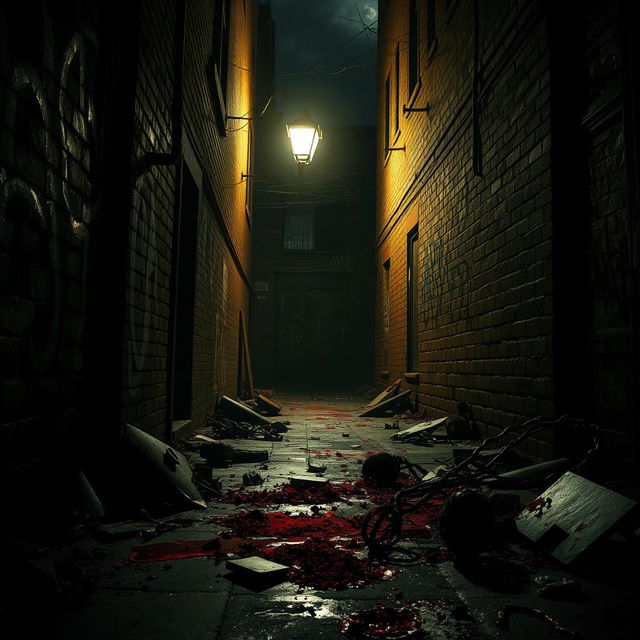 A hauntingly detailed scene depicting a dark, abandoned alleyway, strewn with ominous shadows and eerie lighting