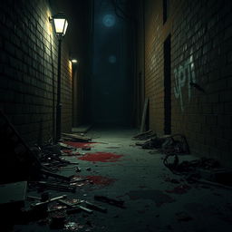 A hauntingly detailed scene depicting a dark, abandoned alleyway, strewn with ominous shadows and eerie lighting