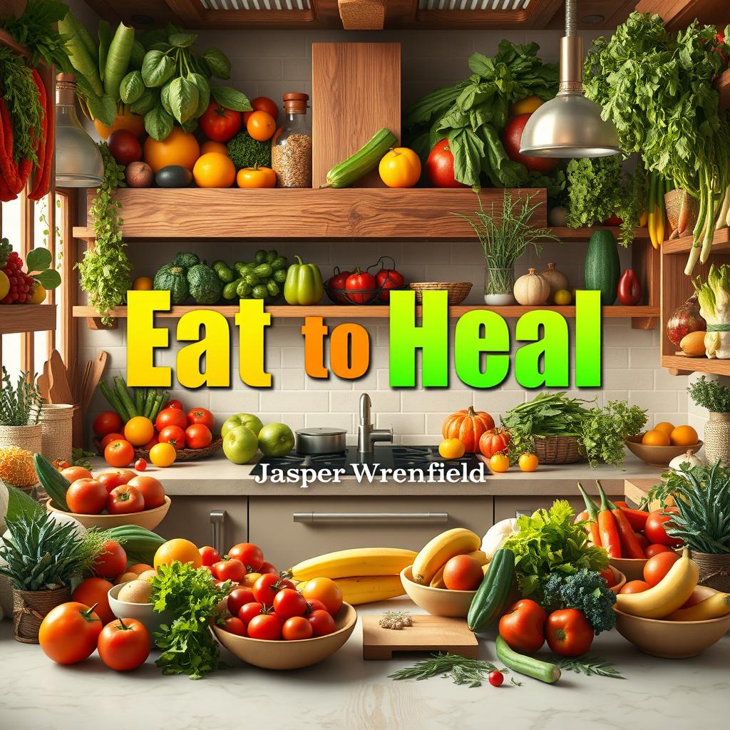 A vibrant and realistic kitchen scene, filled with an abundance of fresh fruits, vegetables, herbs, and spices, creating a lively atmosphere