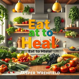 A vibrant and realistic kitchen scene, filled with an abundance of fresh fruits, vegetables, herbs, and spices, creating a lively atmosphere