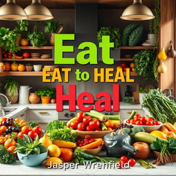 A vibrant and realistic kitchen scene, filled with an abundance of fresh fruits, vegetables, herbs, and spices, creating a lively atmosphere