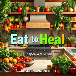 A vibrant and realistic kitchen scene, filled with an abundance of fresh fruits, vegetables, herbs, and spices, creating a lively atmosphere